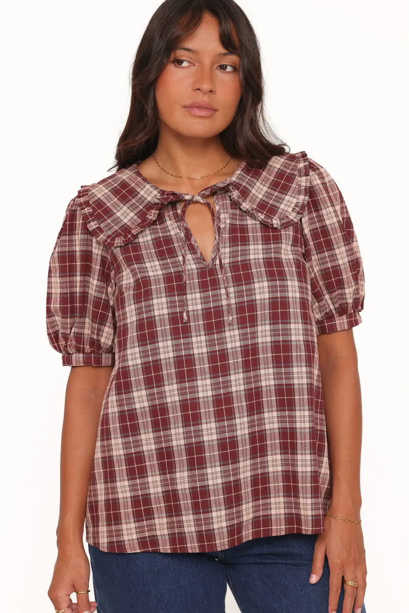 Blusa Evandri Frill Collar Bordô Xadrez - foto 2