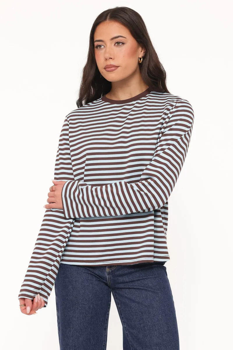 Blusa Manga Longa Ruva Marrom Azul Listrado - foto 1