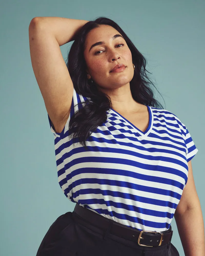 Camiseta Ashley V Neck Cap Sleeve Hammersmith Azul/Branco Listrado - foto 3