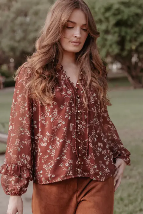 Blusa Babado Elanira Rust Floral