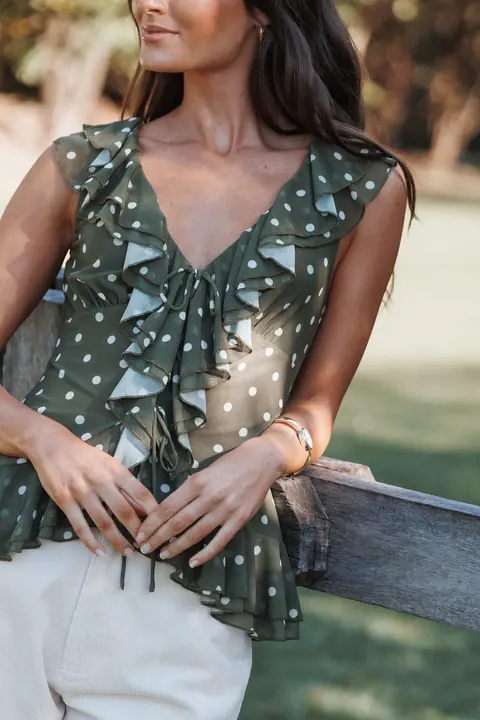 Blusa Babado Orelia Front Verde-Oliva Verde Poá
