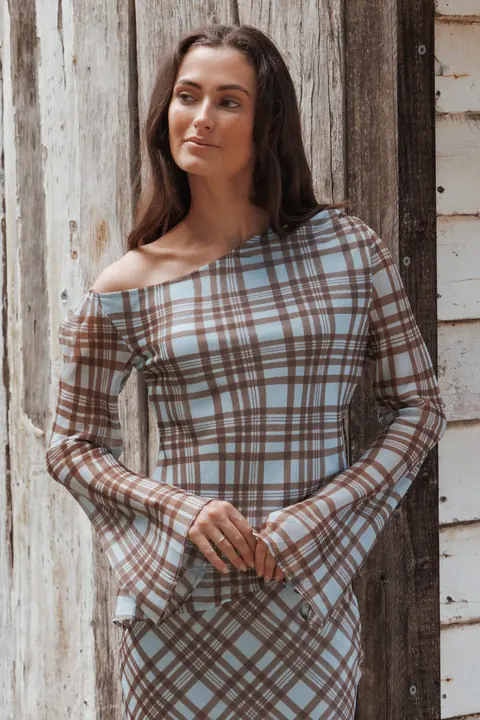 Blusa Caitriona Cowl Neck Azul Xadrez