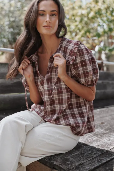 Blusa Evandri Frill Collar Bordô Xadrez