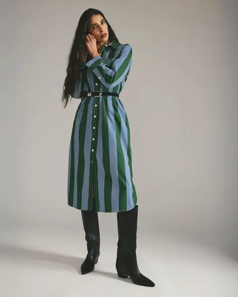 Vestido Chemise Odeon Stretch Poplin Verde/Azul Directional Listrado