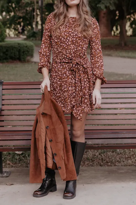 Vestido Curto Kaylie Marrom Miúdo Floral