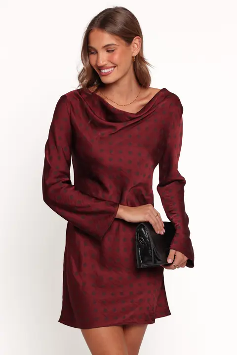 Vestido Curto Manga Longa Idalee Marrom/maroon Poá