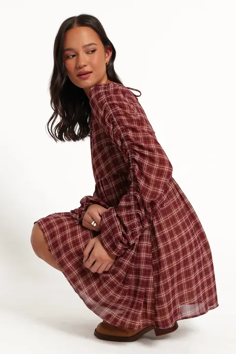 Vestido Curto Manga Longa Micaela Bordô Xadrez