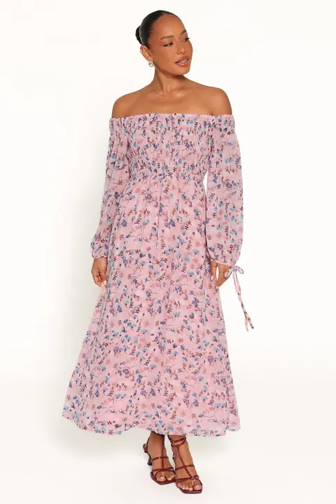 Vestido Longo Ombro a Ombro Harlon Rosa Floral