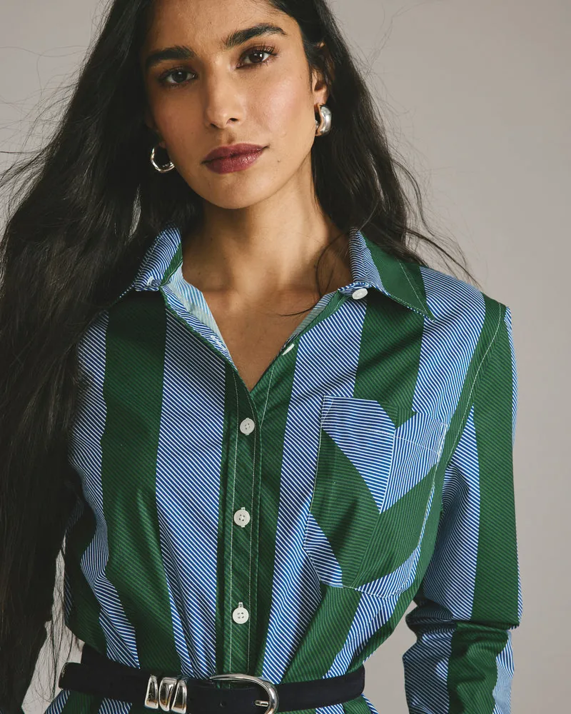 Vestido Chemise Odeon Stretch Poplin Verde/Azul Directional Listrado - foto 2